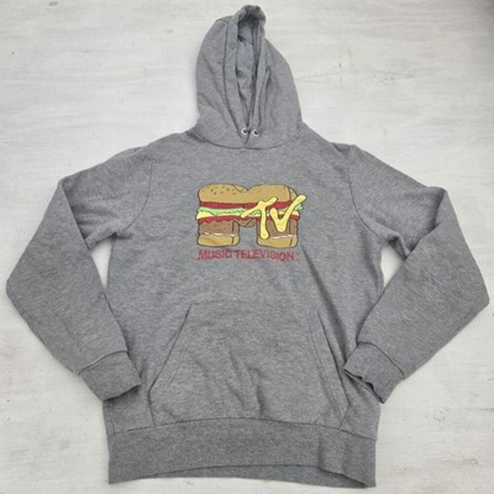 MTV Hoodie Mens Size Small Gray MTV Burger Design Music Television Retro